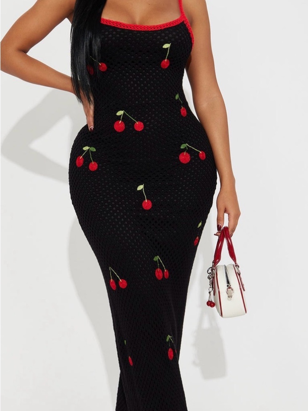 Black Crochet Maxi Dress with Red Cherry Embroidery
